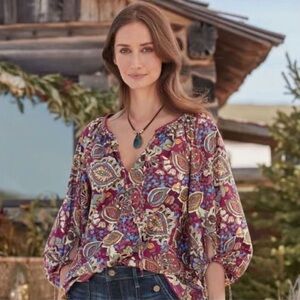 Sundance Belladonna Paisley Puff Sleeve Cotton Peasant Blouse Small Boho Maroon